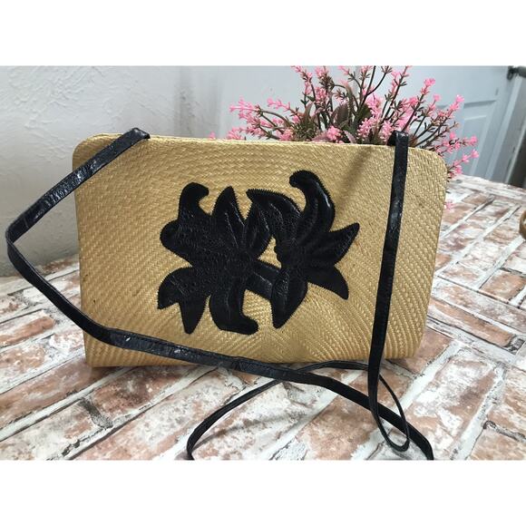 Rare Vintage Woven Straw Crossbody Clutch Bag Floral Embroidered Shoulder Purse - Picture 3 of 5
